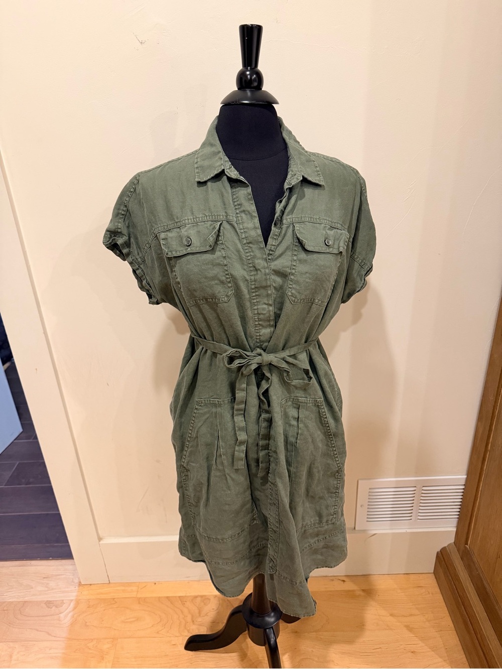Olive Green Utility Shirt Dress with Tie Waist